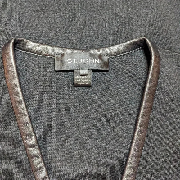 St John Black Vest Cardigan Leather Sleeveless Knit Size Small Pockets - Picture 4 of 10